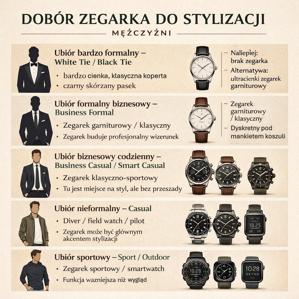 Infografika: jak dobrać zegarek do stroju i okazji - mężczyźni