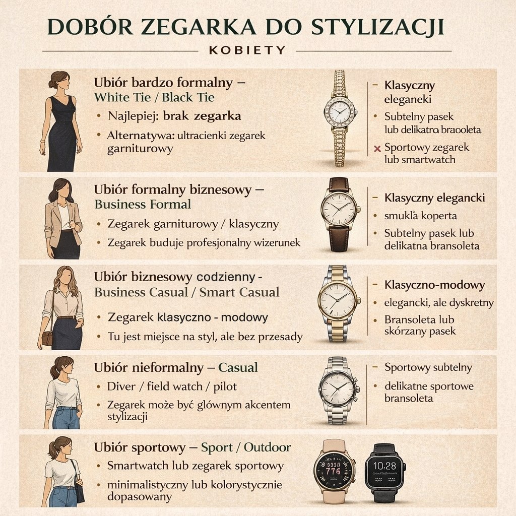 Infografika: jak dobrać zegarek do ubioru i okazji - kobiety